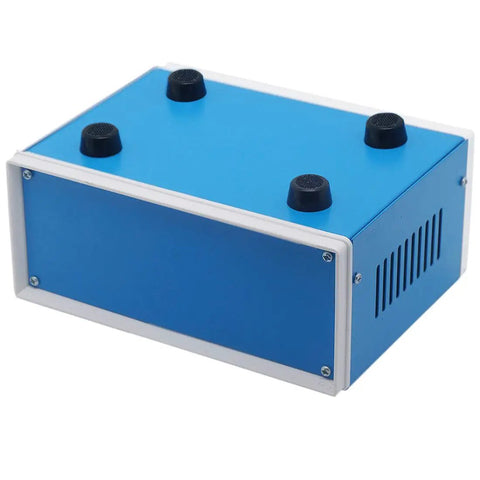 Blue Metal Junction Box Enclosure Built For DIY Electrical Projects With Four Leg Stand A Real Go To Workhorse Project Box For Electrical Panels And Wiring With A 7.9 By 6.5 By 3.5 Inch Frame, top view