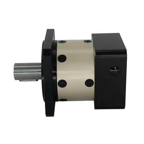 Industrial Grade Planetary Gearbox Reducer Model PLF080 with motor for pneumatic and electric drives, side view showing one color finish.