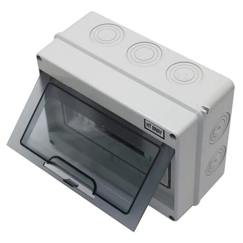 Rugged 8 Way IP65 ABS Distribution Protection Box With DIN Rail Mount For Electrical Panels And Industrial Use Waterproof Power Enclosure In Gray Durable Plastic Case For Control Gear, open front view