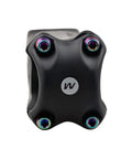 Close-up of a black bicycle stem featuring rainbow titanium bike stem bolts with washers.