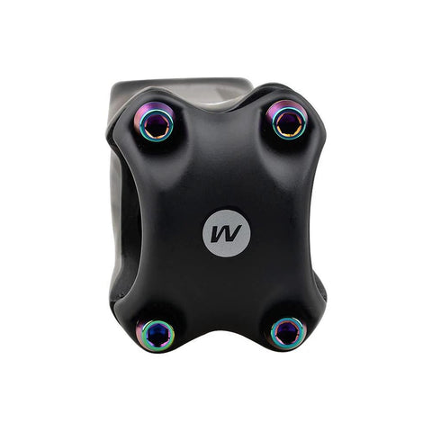Close-up of a black bicycle stem featuring rainbow titanium bike stem bolts with washers.