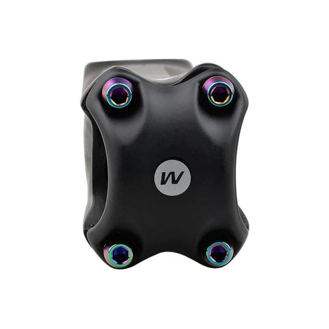 Front view of bike stem featuring Rainbow Titanium Alloy M5x16mm 18mm Tapered Head Allen Hex Bolt with Washer Pack of 6 installed.