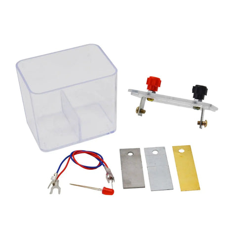 Hands-On Galvanic Cell Experiment Kit For Chemistry Learning, clear box, metal plates, wires, and connectors visible.