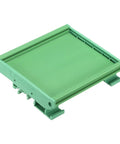 Front view of Green PVC PCB DIN Rail Mount Carrier For 90 x 110mm Boards Easy Install Circuit Board Mounting Holder
