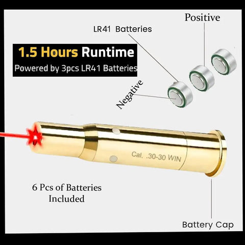 Red Dot Laser Bore Sighter For 30-30 Win Caliber Rifle Bore Sight Tool showing LR41 batteries and laser bullet