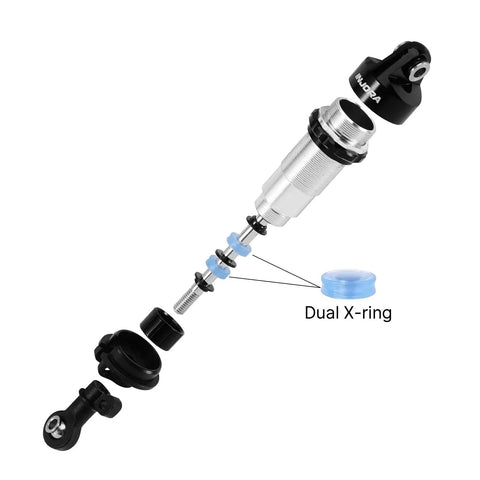Exploded view of 88mm Oil Shocks With Progressive Springs For 1/16 Mini Maxx Mini XRT RC Car, showing CNC aluminum body and dual X-ring.