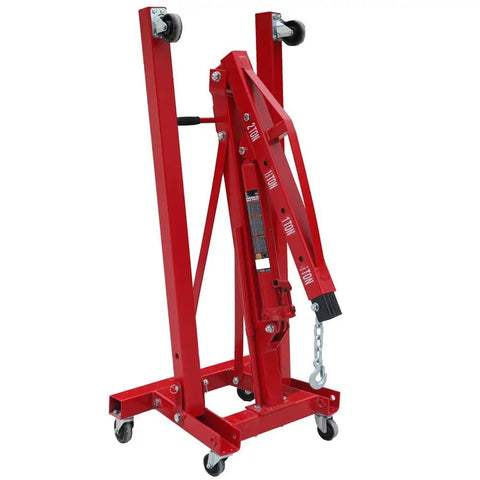 Top Shelf 2 Ton Steel Garage Engine Hoist With Folding Frame and Hydraulic Long Ram Jack, compact design with wheels.