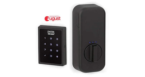 Slick Motorized Touchscreen Keypad Smart Deadbolt August Connected With Wifi Bridge For Effortless Keyless Access In Flat Black.