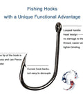 Detailed view of 300Pcs High Carbon Steel Barbed Fishing Hooks With Holes, featuring sharp tip, barbs, and threading hole for quick rigging.
