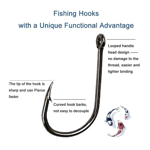 Detailed view of 300Pcs High Carbon Steel Barbed Fishing Hooks With Holes, featuring sharp tip, barbs, and threading hole for quick rigging.