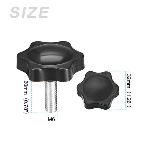 Heavy Duty Clamping Handle Screw Knobs Set M6x20mm, Metal Star Shape Grips, 2 Pack, showing dimensions