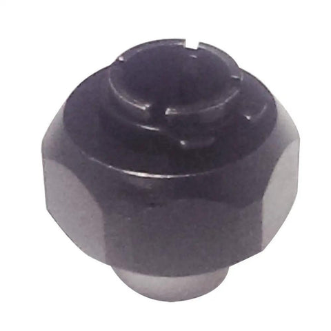 Rock Solid Half Inch Router Collet With An Auto Release Grip that locks bits tight, showing top view and hex shape design.