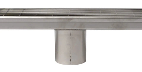 Plug And Play Slick 47 Inch Stainless Steel Linear Shower Drain With Crisp Groove Lines and Pop Off Strainer, top view, showing sleek design.
