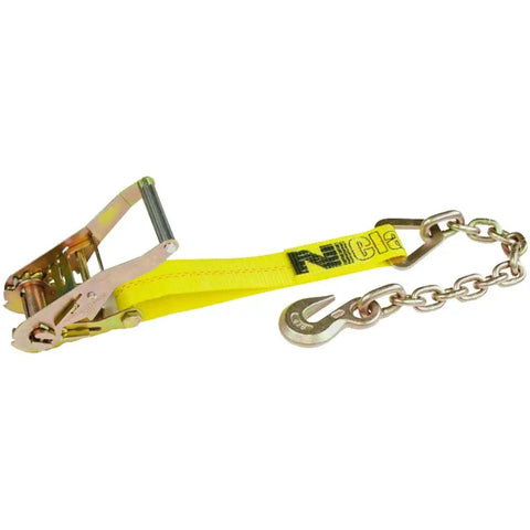 Heavy Duty Yellow Ratchet Straps With Chain Anchors 4 Inch By 27 Foot Long Two Pack 5400 Pound Safe Working Load Cut And UV Resistant Polyester