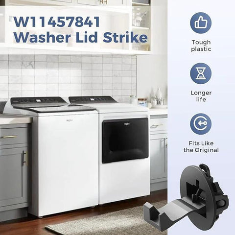 Washer lid strike 2-pack for Whirlpool/Maytag washers, front view, tough plastic replacement part.