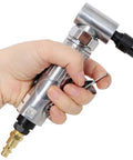 Heavy Duty Pneumatic Angle Die Grinder With Smooth Ball Bearing Drive And 90 Degree Swivel Head held in hand for precision use.