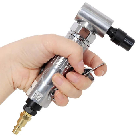 Heavy Duty Pneumatic Angle Die Grinder With Smooth Ball Bearing Drive And 90 Degree Swivel Head held in hand for precision use.
