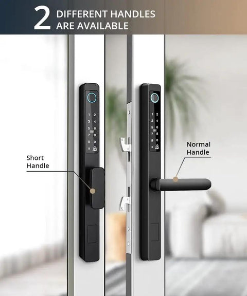 Badass Waterproof Outdoor Smart Electronic Door Lock With Slick Fingerprint App Code And Keyless Entry Designed For Hella Secure Aluminum Gates And Heavy Duty Iron Doors showcasing short and normal handles.