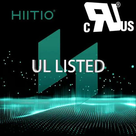 Hiitio UL Listed logo design with green geometric shapes and abstract background for built tough electrical products.
