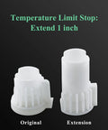 Handle Extension Kit For Posi Temp Single Handle Tub And Shower Faucet Chrome 1 Inch Thick Wall Extension Includes Brass Stem Extension Fits 1222 Cartridge No Fuss Retrofit Replacement shown with comparison of original and extended temperature limit stop components