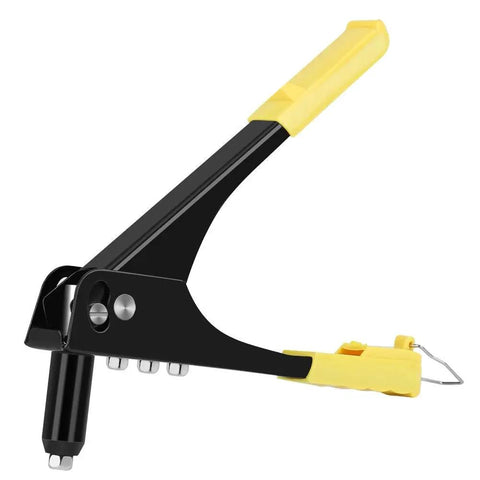 Manual Rivet Tool Kit With Four Replacement Heads Spring Handle And Nozzle For Metal Fiber Leather And Plastic Blind Rivet Hand Tool For Gutter Repair And Heavy Duty Fastening, black and yellow