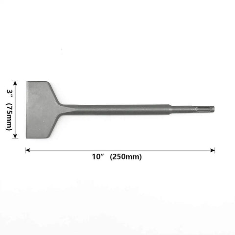 Pro Grade Heavy Duty 3 Inch Wide Tile And Thinset Scaling Chisel With SDS Plus Shank, 10 Inch Long Wall And Floor Scraper shown with measurements.