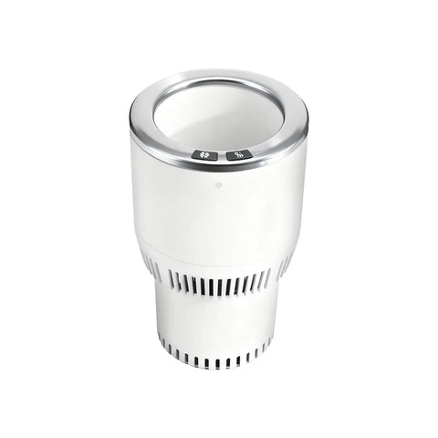 Ride Ready Two In One Car Cup Cooler Warmer And Smart Auto Tumbler Holder in white silver with dual temperature controls.