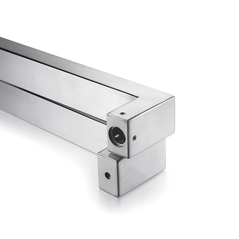 18 Inch Solid Standoffs Built Tough Heavy Duty Commercial Grade 304 Stainless Steel Push Pull Door Handle for Glass and Barn Doors with a Full Brushed Finish, corner detail