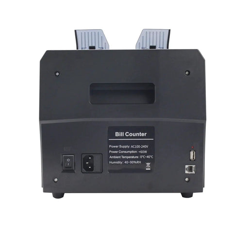 Back view of Built Like A Tank Front Loading Mixed Denomination Bill Counter Machine For Multi Currency Usd Eur Cad Per with power supply details.