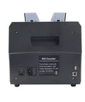 Pro Grade Front Loading Bill Counter Machine Autodetects Usd Eur Canadian Bills With Advanced Uv Ig Ir Checks And Sd Card Updates back view with power settings.