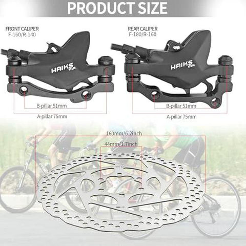 Haiks MT200 hydraulic disc brake set for mountain bikes; two 2-piston black aluminum calipers with 160mm rotors