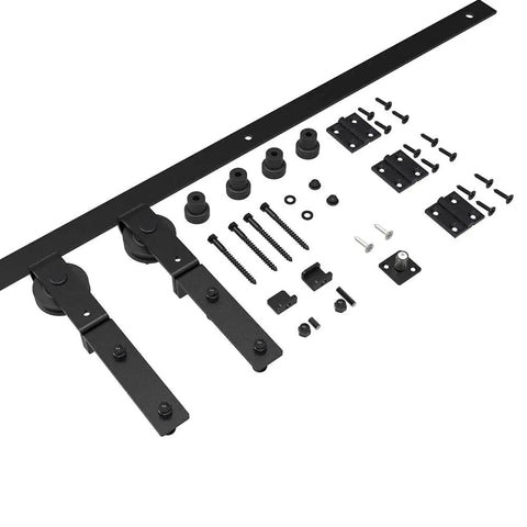 Bi Folding Sliding Barn Door Hardware Kit For Two Doors layout showing black rails, J shape rollers, and installation screws.