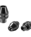 Lock Tight 3 Pack Keyless Chuck Set Smooth Quick Release Jaw rotary grinder collet in black, showing three views, 0.8 to 3.2mm size.
