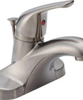 Foundations Centerset Bathroom Faucet Brushed Nickel 1 Handle With Metal Push Pop Drain 4 Inch Centerset Sink Faucet Water Saving CALGreen Compliant