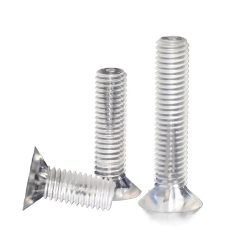 Snag This Slick 100 Piece Clear Pc Plastic Countersunk Screw Assortment M2 To M8 Sizes showing three screws with shiny heads.