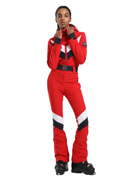 Woman wearing red Women Dope Snow Ski Suit One Piece Jumpsuit Waterproof Windproof Warm Insulated Snowsuit with Heat Reflective Lining
