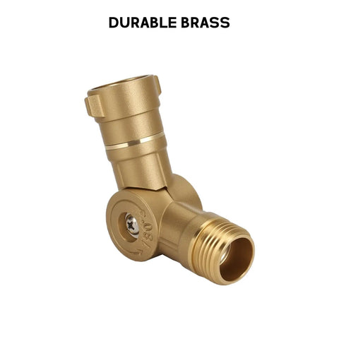 Brass Swivel Hose Connector With 180 Degree And 360 Degree Flex, Heavy Duty Anti Kink Adapter For Faucets, Taps, Sinks, Washing Machines And RVs, Rust Proof, Easy Install. Brass swivel hose connector, 3/4 inch, angled view