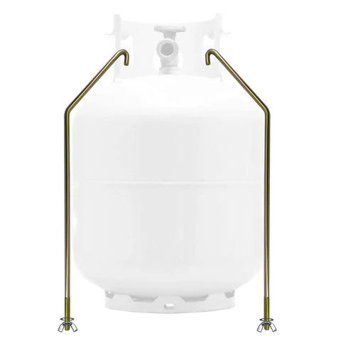 20 Lb RV Propane Tank Mount Holder Bracket Kit for Coleman Fleetwood Pop Up Campers, shown holding a propane tank.