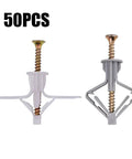 50 Piece Drywall Fasteners Kit With Zinc Plated Screws, Nylon Plugs, Butterfly Wall Anchors for hollow walls, two anchors shown