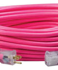 Outdoor Extension Cord 100 Ft Heavy Duty All Copper Wire 12/3 SJTW Weatherproof Vinyl Jacket With High Visibility Pink And Green Safety Stripe Water Resistant For Indoor Outdoor Jobsites Power Light Indicator