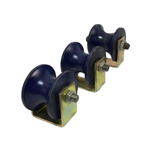Four blue U-type groove caster wheels with bolt-on mounting brackets, 70mm diameter