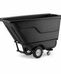 Built Like A Tank Heavy Duty Tilt Truck Trash Cart With Smooth Rolling Casters And Black Steel Body, 0.5 Cubic Yard Commercial Waste Hauler, 850 Pound No Sweat Workhorse For The Job Site side view of black plastic tilt truck cart with rolling casters