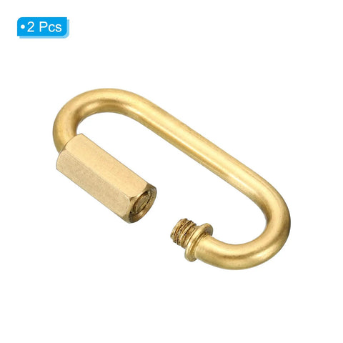 Heavy Hitting 4mm Copper Chain Quick Links, 2 Pack Screw Locking Connectors And Oval Snap Rings Built Tough As Nails To Carry 44 Lbs For Backpacks Tents And Chandeliers, Killer Brass Tone Hardware, close-up view of a brass quick link.