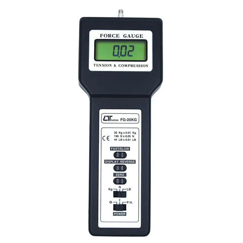Digital Force Gauge Pro Grade 20Kg Range for Tension and Compression Spring Testing, Push Pull Meter With Peak Hold, High Accuracy and Resolution, Three Display Units, Includes Factory Calibration Certificate, Model FG20KG on LCD display