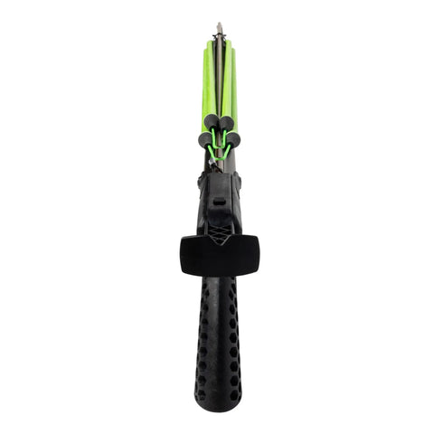 Front view of Reaper 90cm Railgun Speargun For Spearfishing And Freediving High Performance Aluminum Barrel Speargun With Stainless Shaft And Nitro Bands Open Muzzle Ergonomic Handle Integrated Reel Mount