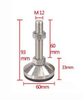 Heavy Duty Carbon Steel Adjustable Leveler Legs For Shop Furniture And Gear, 60mm base, 93mm height, stabilizes uneven surfaces.