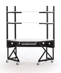 Badass Corner Workbench With Deadlift Heavy Adjustable Shelves For Flex Workspace Organization Built Tough Cold Rolled Steel Frame And Crisp White Laminate Top For Your Ultimate Setup, featuring a black frame with adjustable shelves.