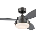 52 Inch Alloy LED Ceiling Fan In Gun Metal Finish With Reversible Black And Applewood Blades, Dope Dimmable LED Light Kit With Opal Frosted Glass, Ideal For Large Rooms Over 225 Sq Ft, side angle view showing blades and light kit.