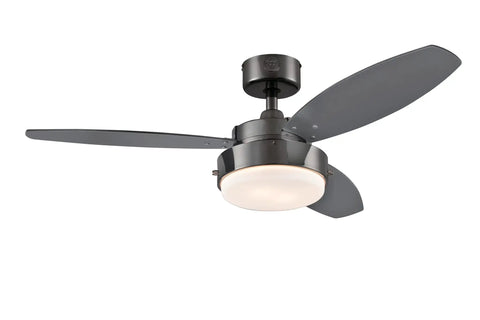 52 Inch Alloy LED Ceiling Fan In Gun Metal Finish With Reversible Black And Applewood Blades, Dope Dimmable LED Light Kit With Opal Frosted Glass, Ideal For Large Rooms Over 225 Sq Ft, side angle view showing blades and light kit.
