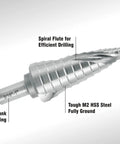 Industrial HSS Step Drill Bit 3 16th Inch To 1 Inch With 3 8th Inch Shank, Double Spiral Flute For Longer Life And Smooth Chip Removal, 14 Step Sizes